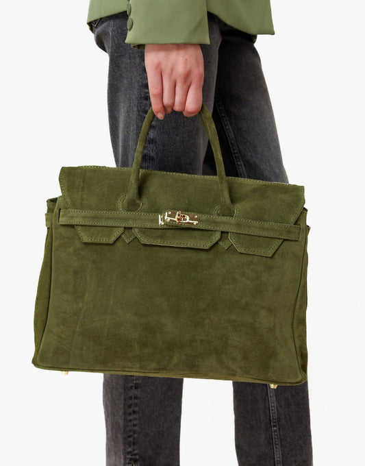 Army Green Suede Large Gold Detail - Bag - Olivia & Kate