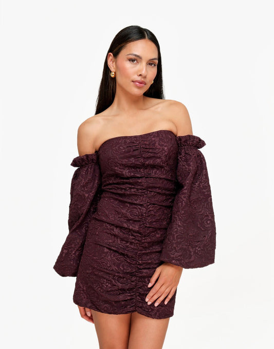 Aubergine Bloemen Strapless - Jurk - Olivia & Kate