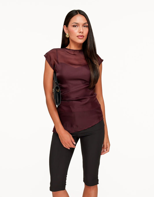 Aubergine Doorschijnende Hoge Hals Detail - Top - Olivia & Kate