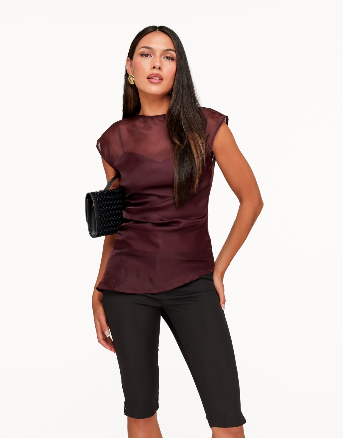 Aubergine Doorschijnende Hoge Hals Detail - Top - Olivia & Kate
