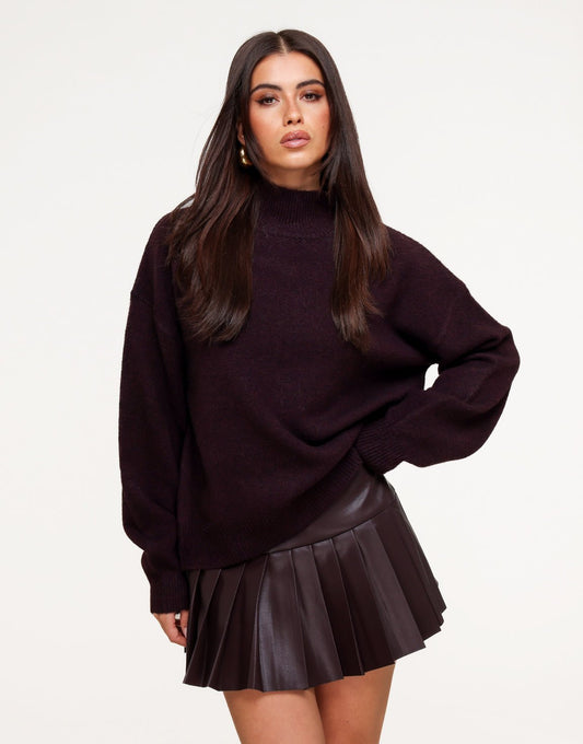 Aubergine Gebreide Hoge Hals Ballonmouwen - Trui - Olivia & Kate