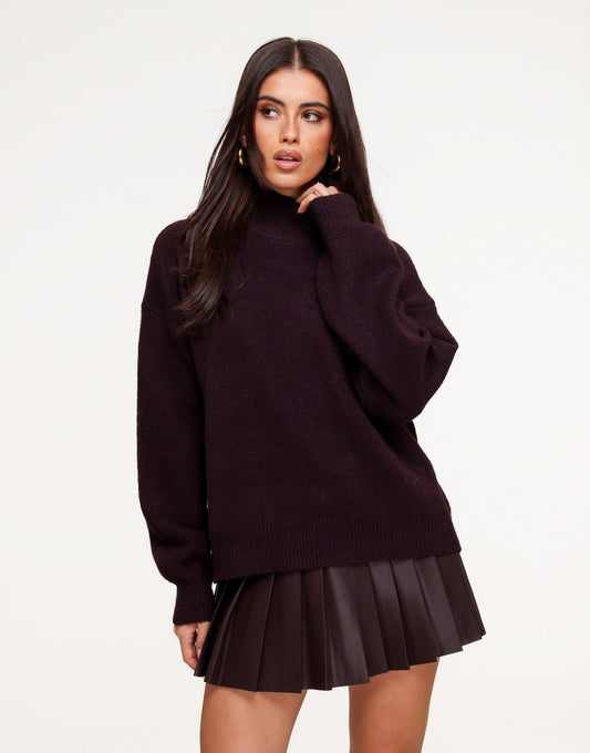 Aubergine Gebreide Hoge Hals Ballonmouwen - Trui - Olivia & Kate