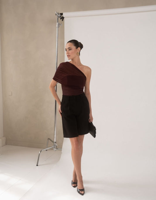 Aubergine Gedrapeerde Mesh One Shoulder - Top - Olivia & Kate