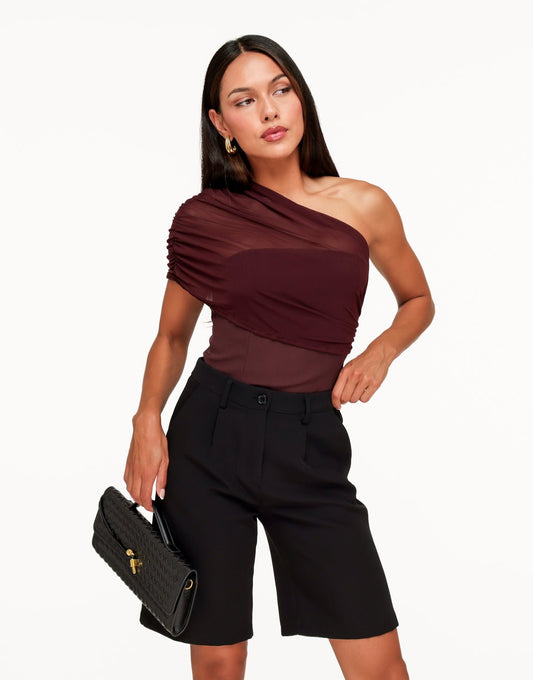 Aubergine Gedrapeerde Mesh One Shoulder - Top - Olivia & Kate