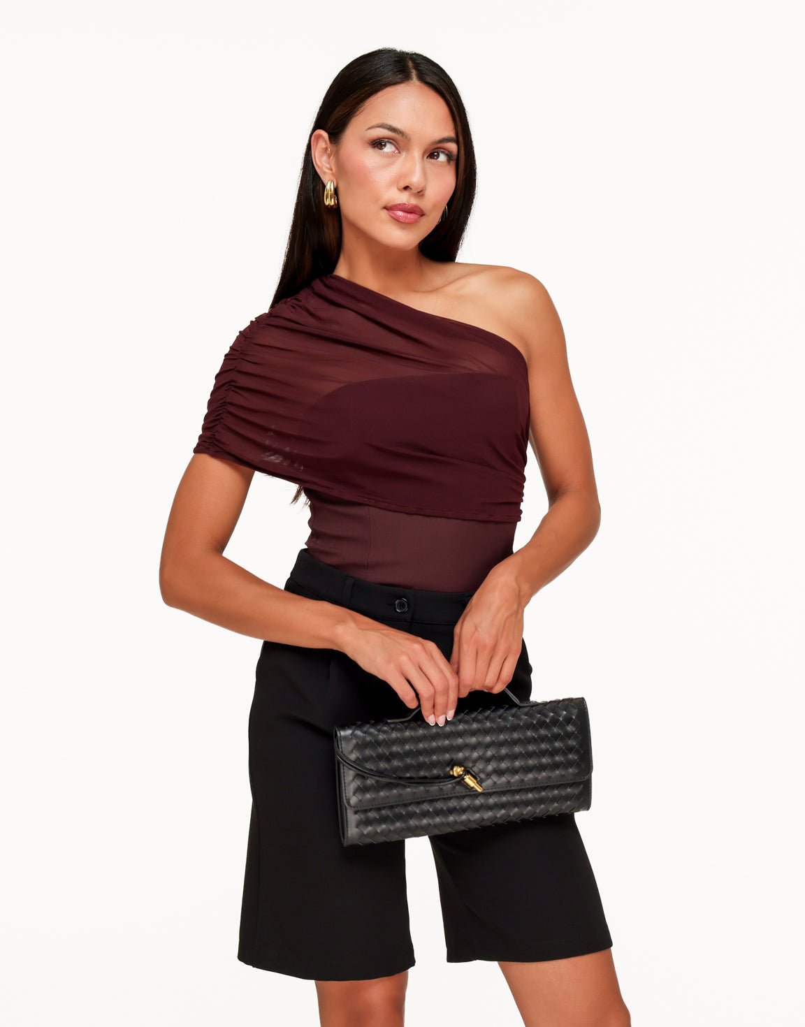 Aubergine Gedrapeerde Mesh One Shoulder - Top - Olivia & Kate
