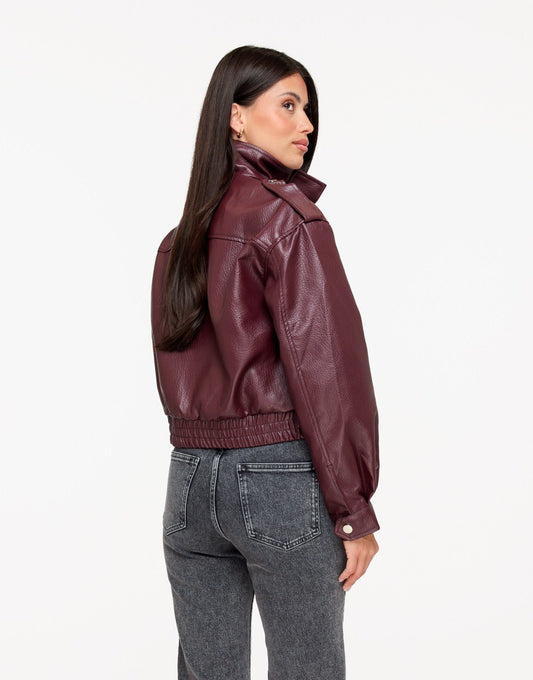 Aubergine PU Leren Hoge Kraag Bomber - Jas - Olivia & Kate