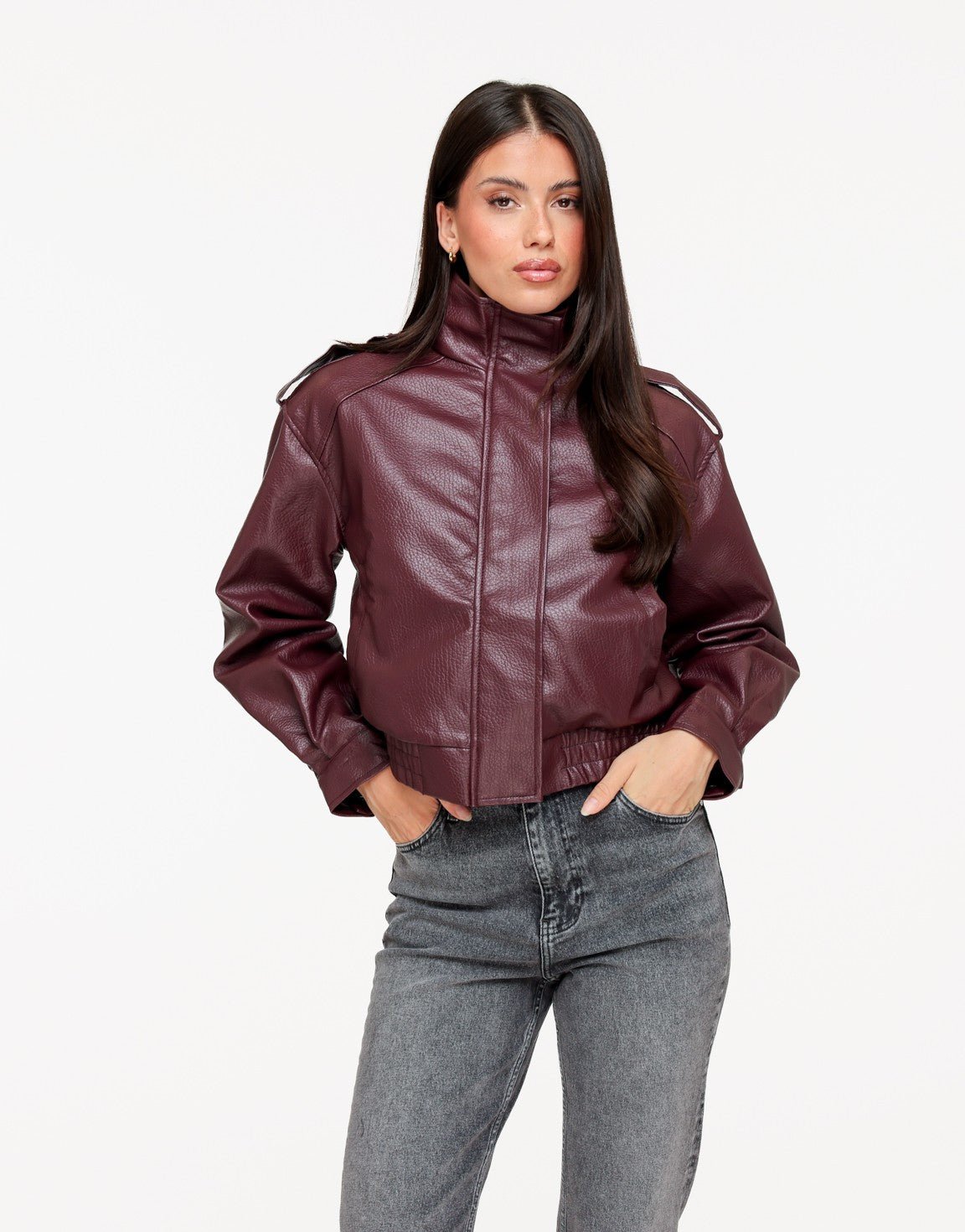 Aubergine PU Leren Hoge Kraag Bomber - Jas - Olivia & Kate