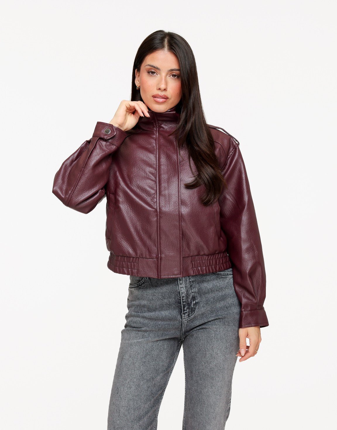 Aubergine PU Leren Hoge Kraag Bomber - Jas - Olivia & Kate