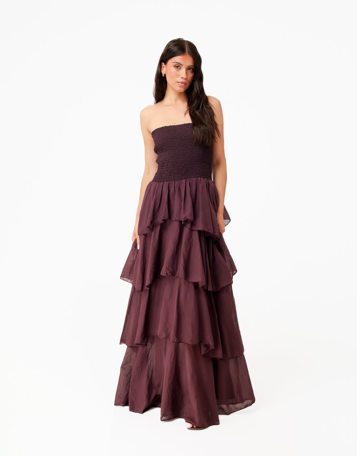 Aubergine Strapless Lange Maxi Ruffel - Jurk - Olivia & Kate