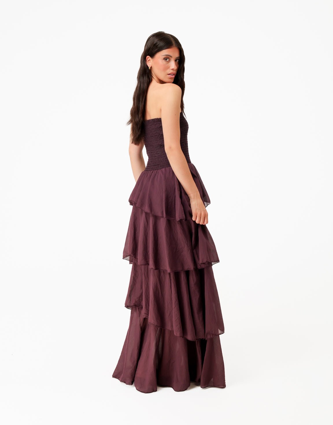Aubergine Strapless Lange Maxi Ruffel - Jurk - Olivia & Kate