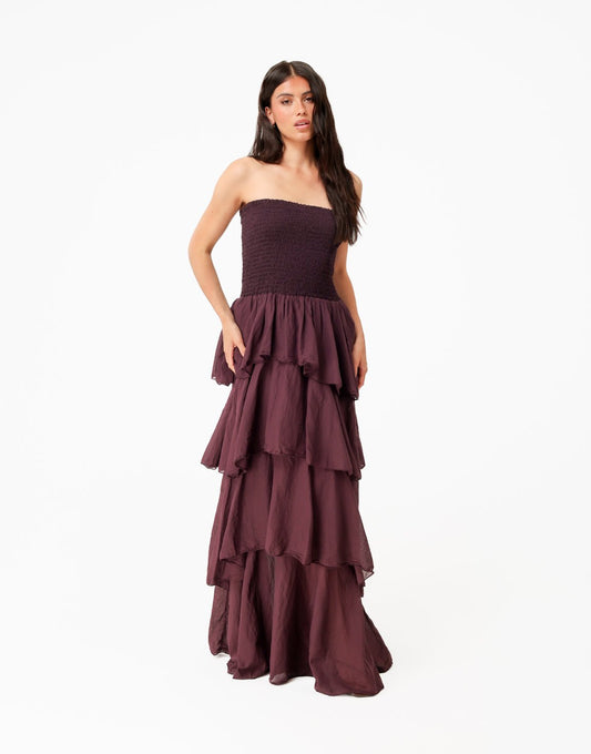 Aubergine Strapless Lange Maxi Ruffel - Jurk - Olivia & Kate
