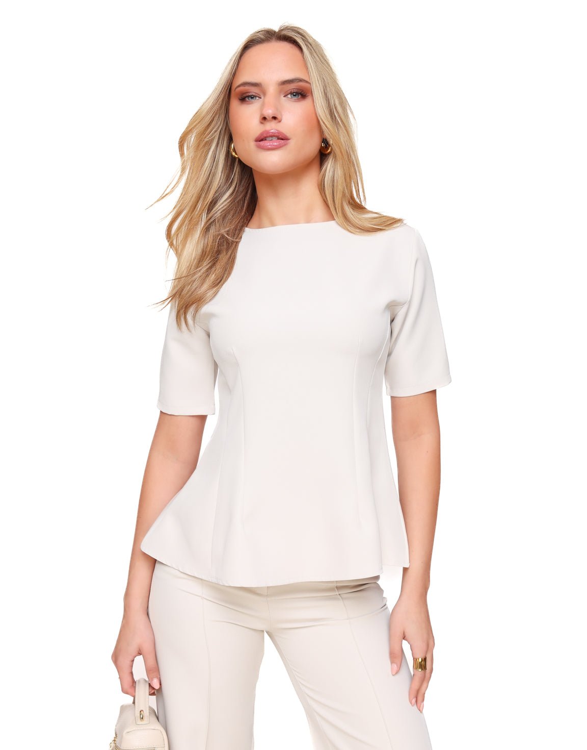 Beige Aangesloten Peplum SS - Top - Olivia & Kate