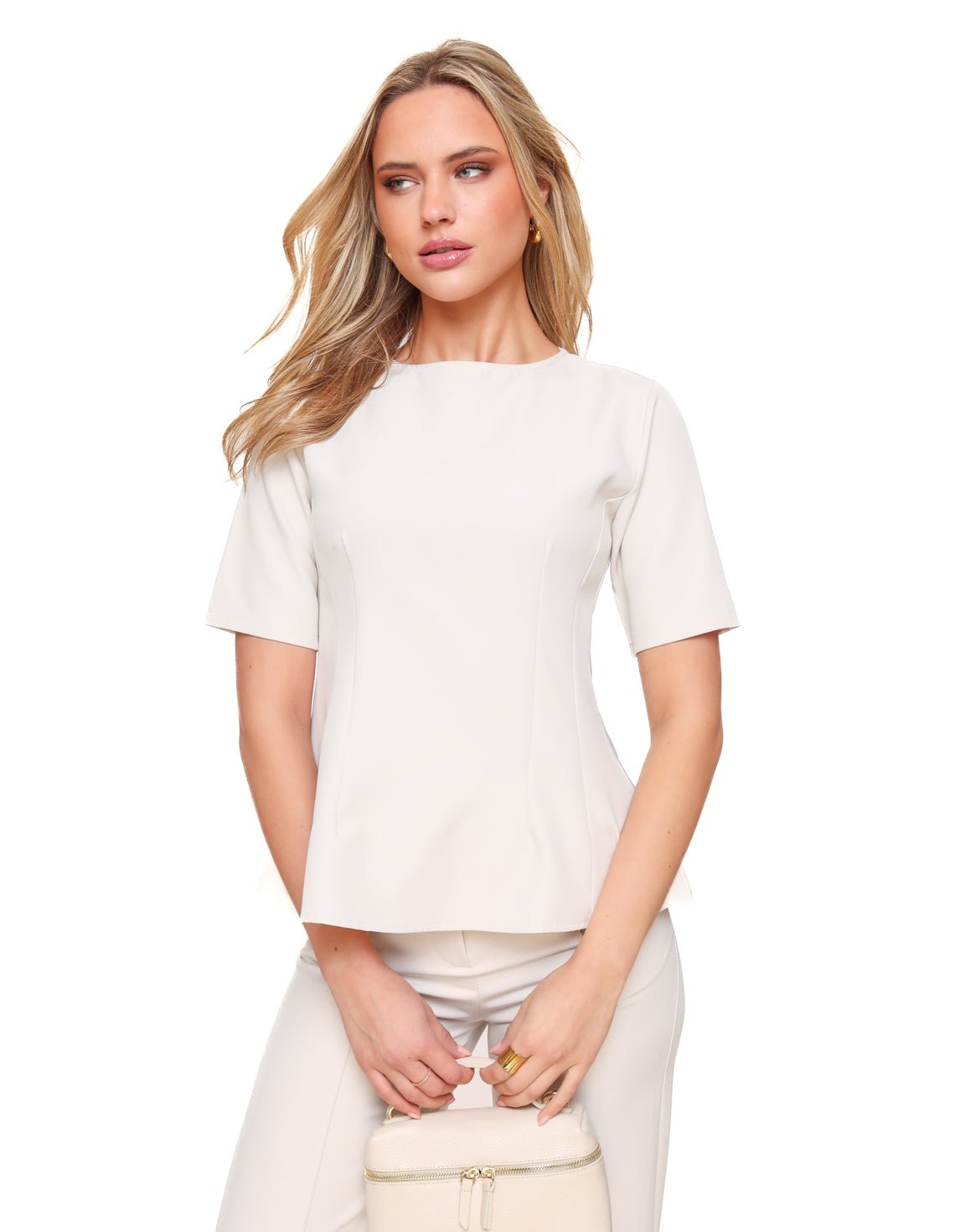 Beige Aangesloten Peplum SS - Top - Olivia & Kate