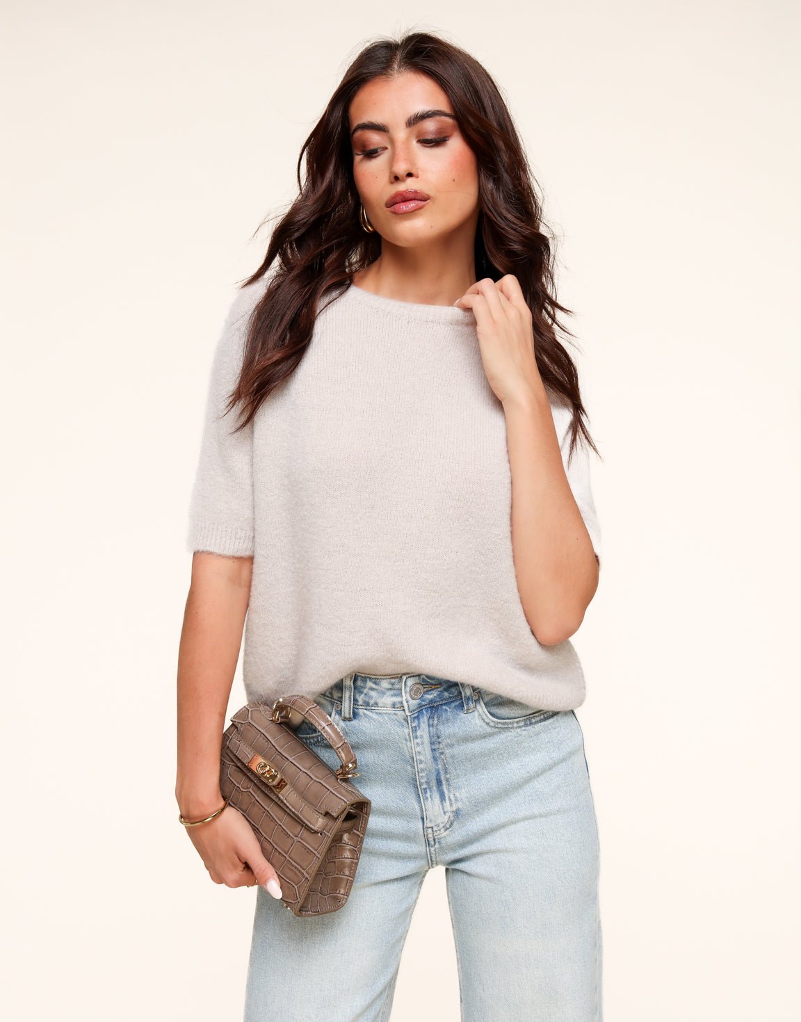 Beige Basic Fluffy SS - Top - Olivia & Kate
