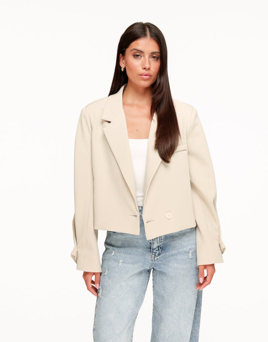 Beige Cropped Omgeslagen Mouwen - Blazer - Olivia & Kate