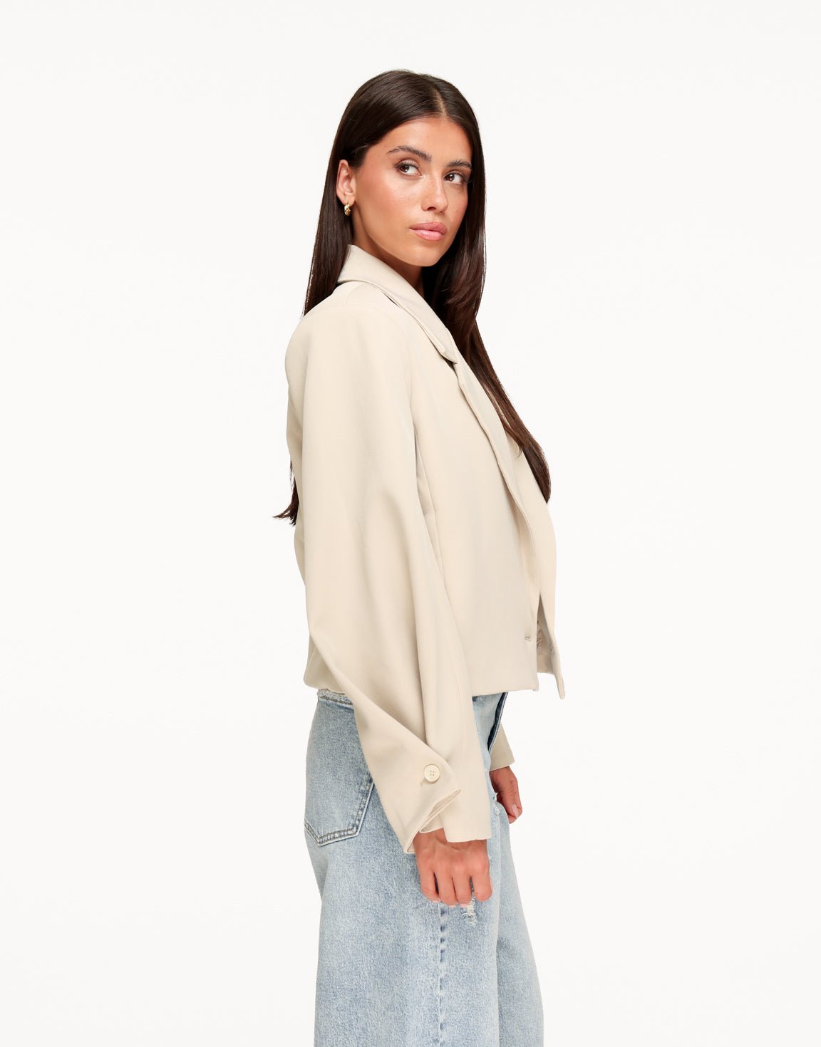 Beige Cropped Omgeslagen Mouwen - Blazer - Olivia & Kate