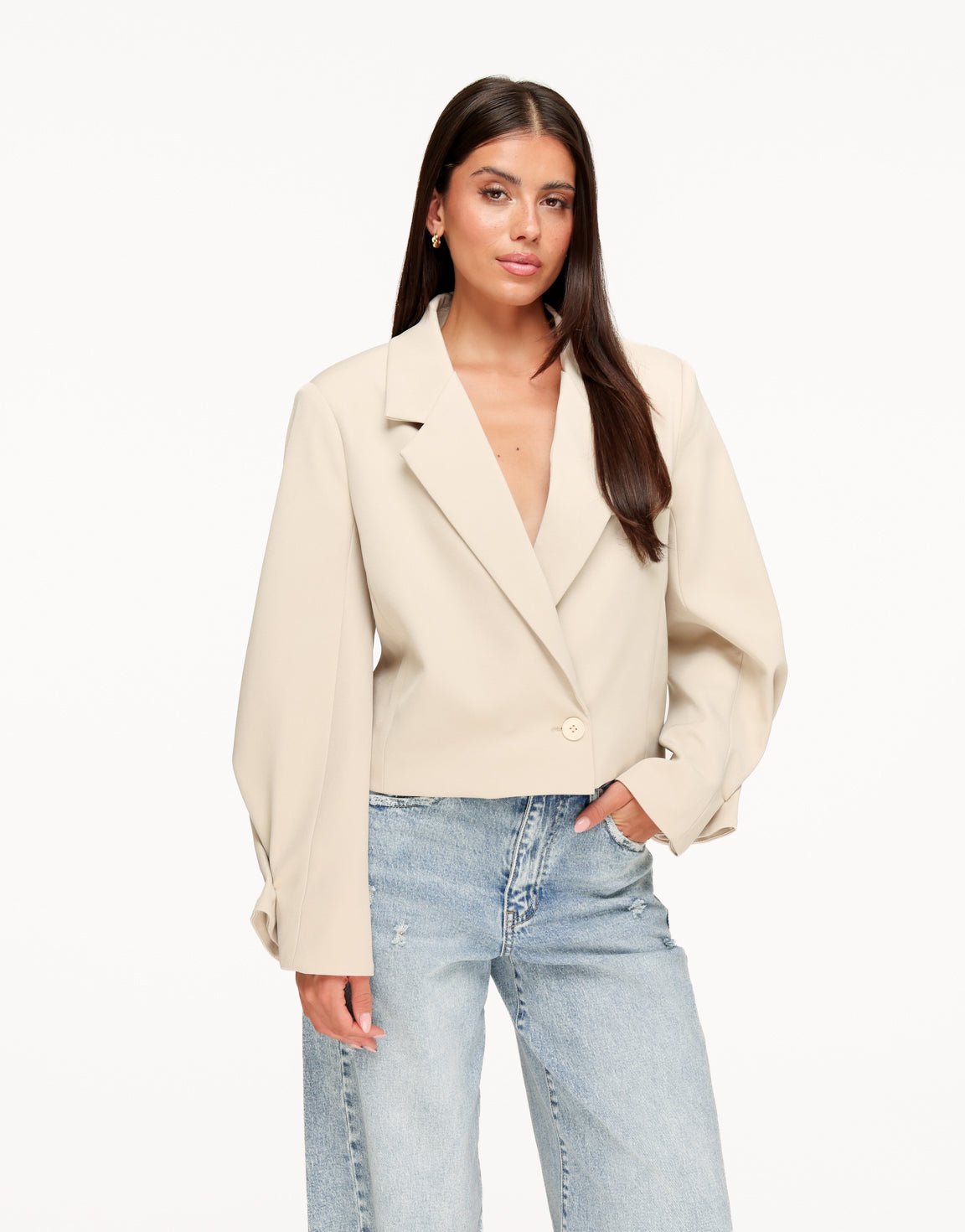 Beige Cropped Omgeslagen Mouwen - Blazer - Olivia & Kate