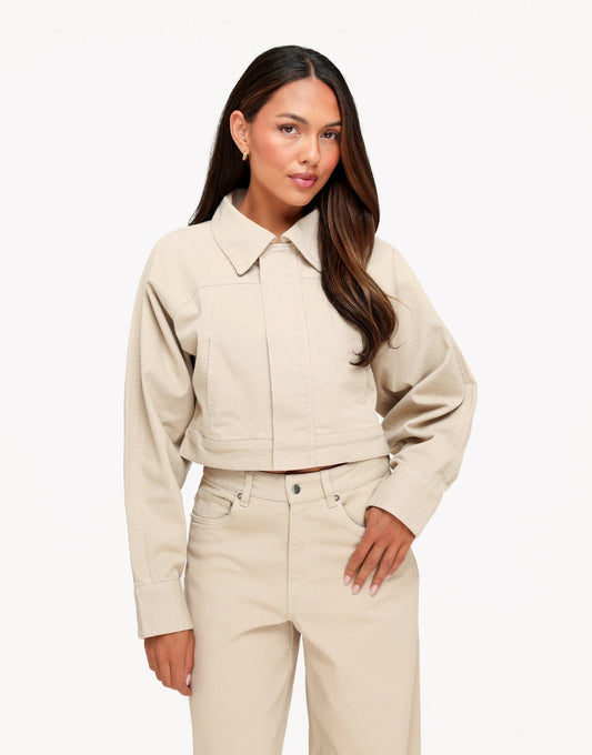 Beige Denim Ballonmouwen Cropped - jas - Olivia & Kate