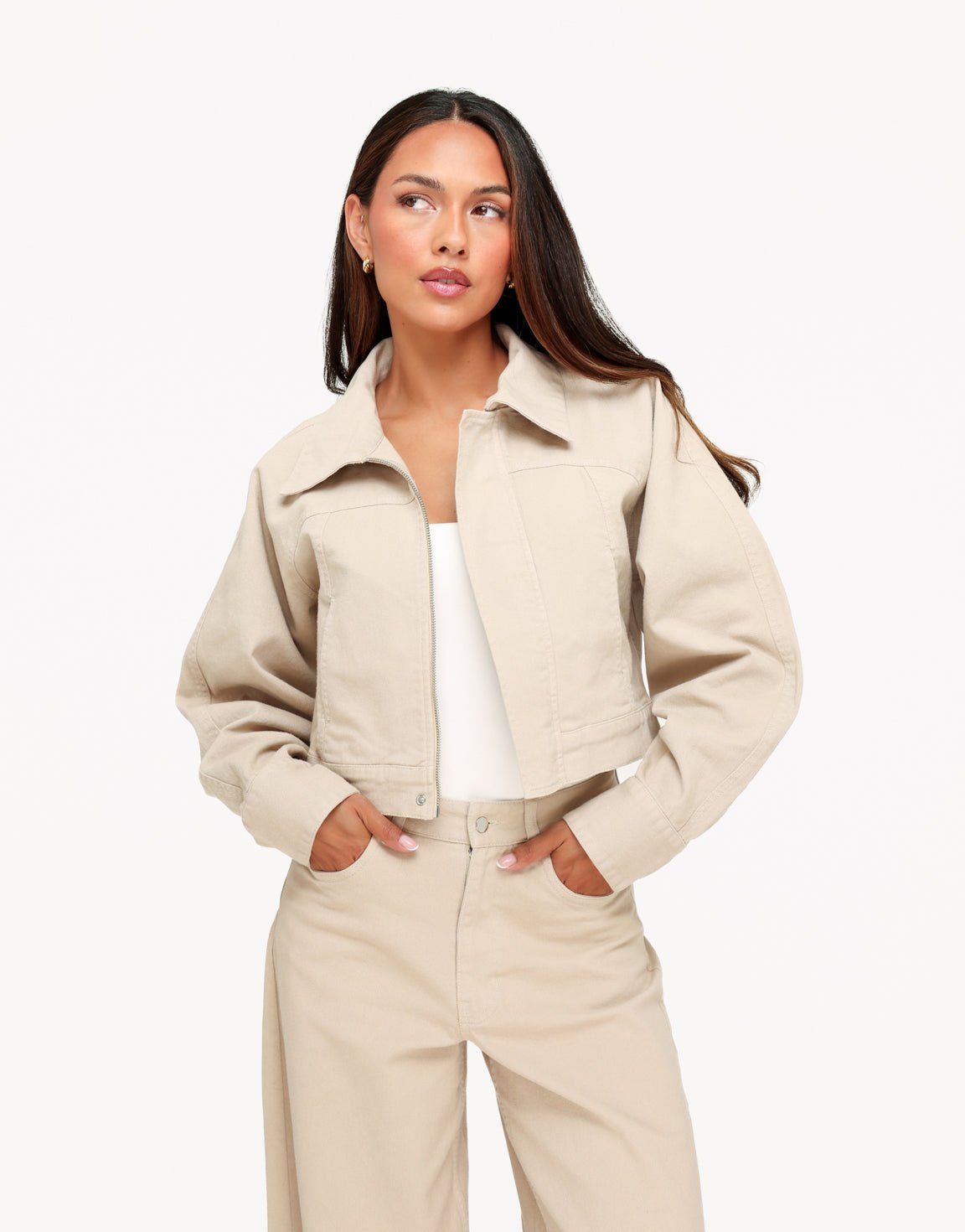 Beige Denim Ballonmouwen Cropped - jas - Olivia & Kate