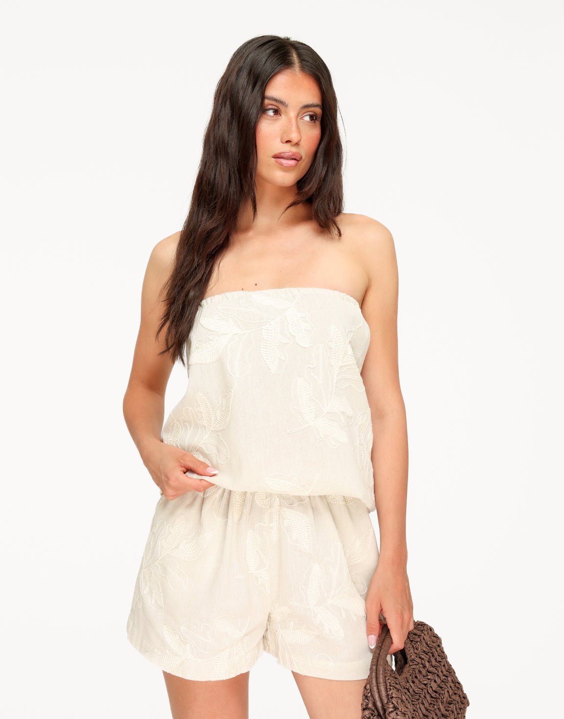 Beige Geborduurde Elastische Bloemen - Short - Olivia & Kate