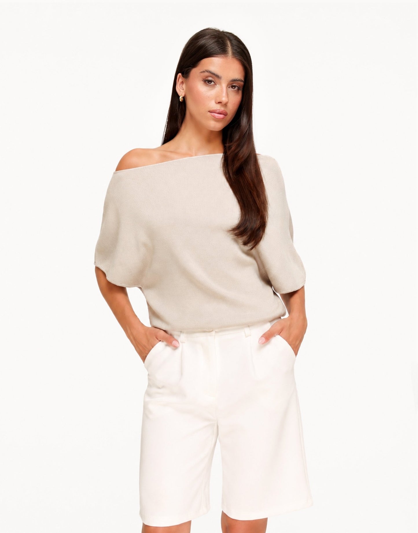Beige Gebreide Off Shoulder - Trui - Olivia & Kate