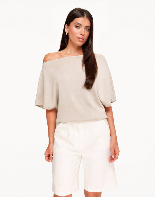 Beige Gebreide Off Shoulder - Trui - Olivia & Kate