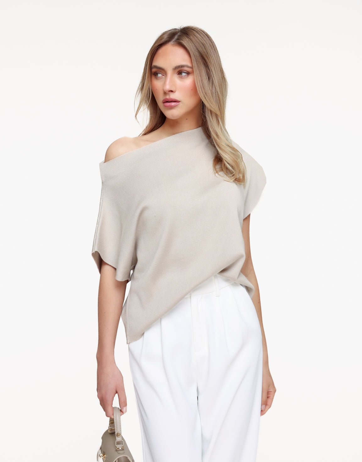 Beige Gebreide One Shoulder - Top - Olivia & Kate