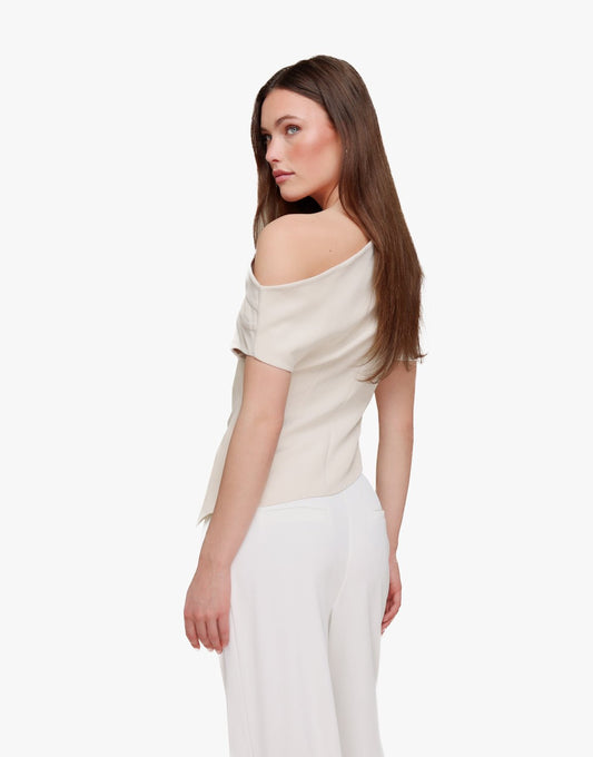 Beige Gedrapeerde Off Shoulder SS - Top - Olivia & Kate