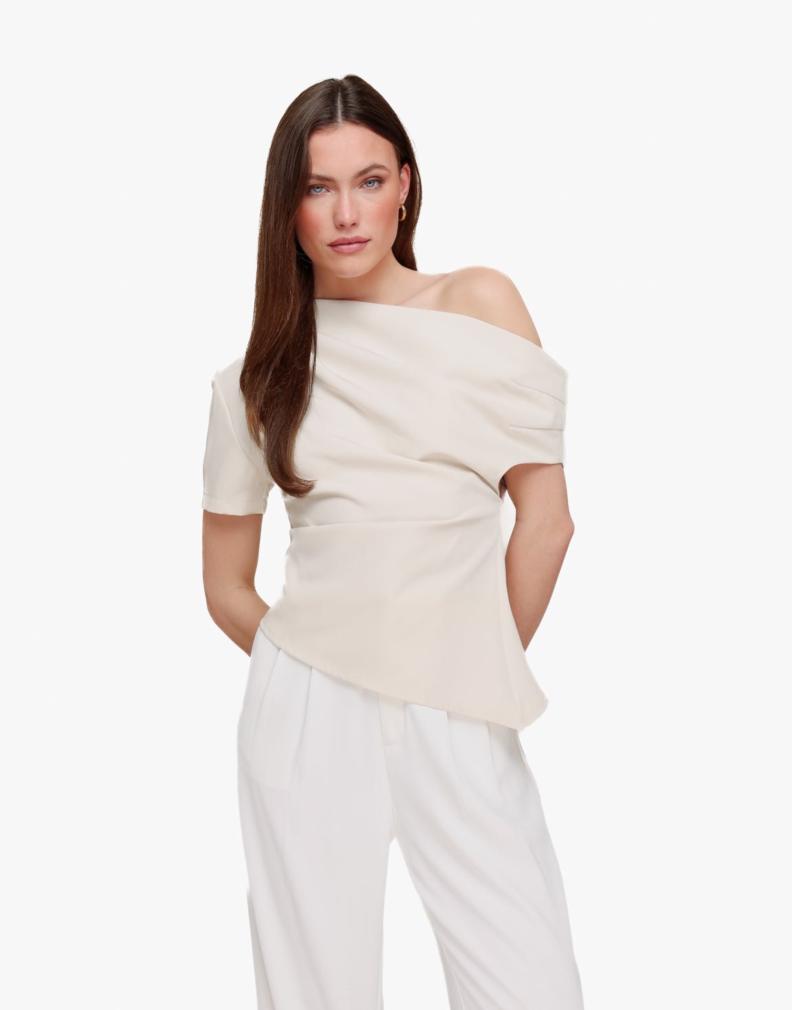 Beige Gedrapeerde Off Shoulder SS - Top - Olivia & Kate