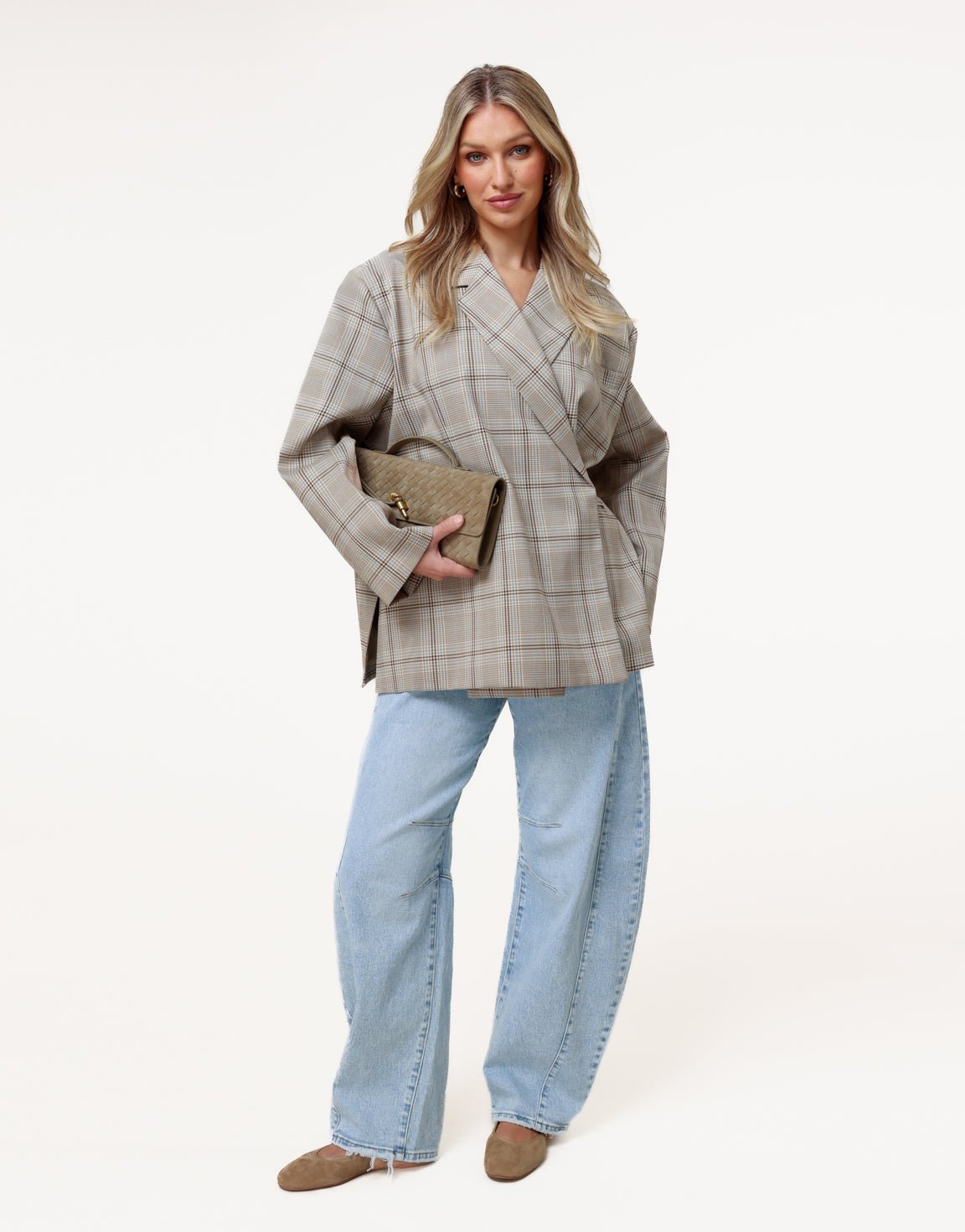 Beige Checked Slanted Collar - Blazer - Olivia & Kate