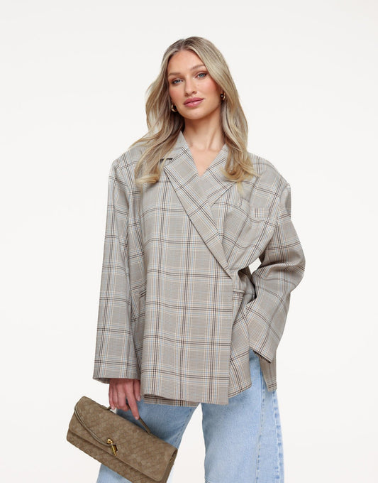 Beige Checked Slanted Collar - Blazer - Olivia & Kate