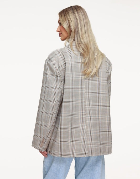 Beige Checked Slanted Collar - Blazer - Olivia & Kate