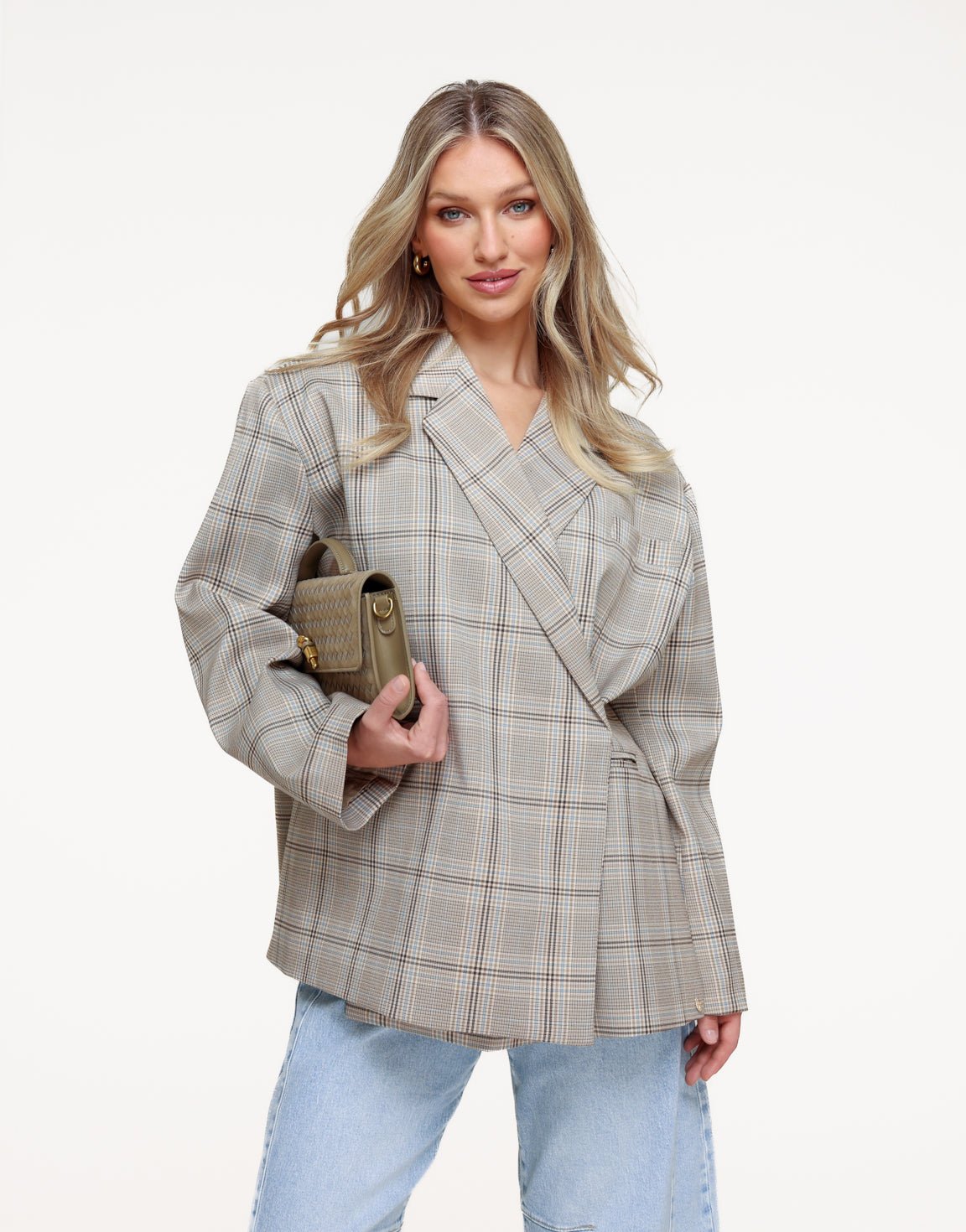 Beige Checked Slanted Collar - Blazer - Olivia & Kate