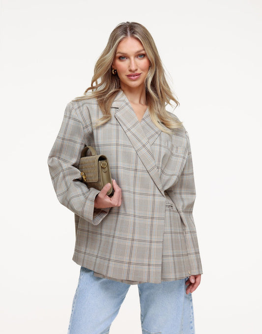 Beige Checked Slanted Collar - Blazer - Olivia & Kate