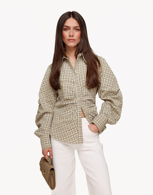 Beige Getailleerde Ruiten - Blouse - Olivia & Kate