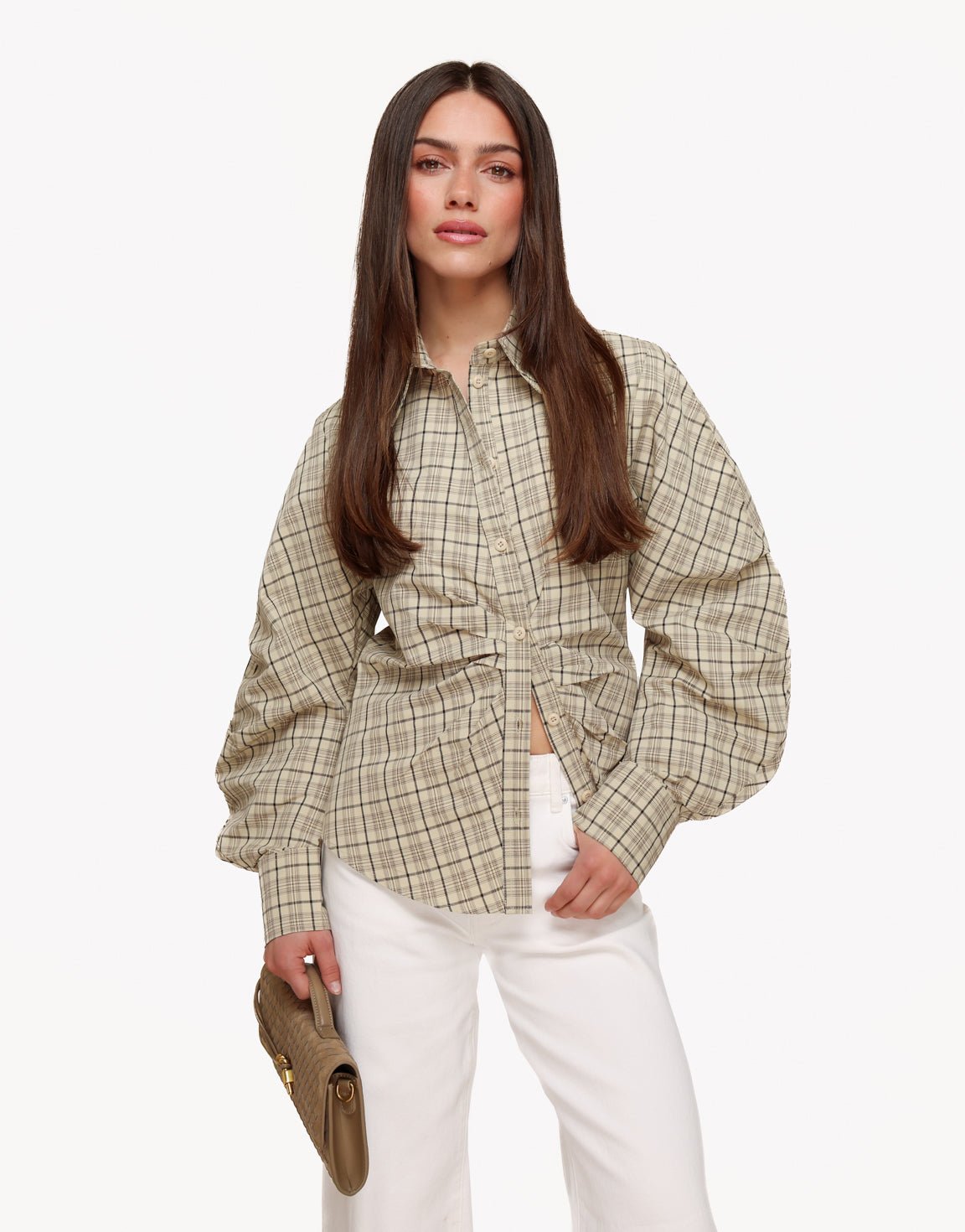 Beige Getailleerde Ruiten - Blouse - Olivia & Kate