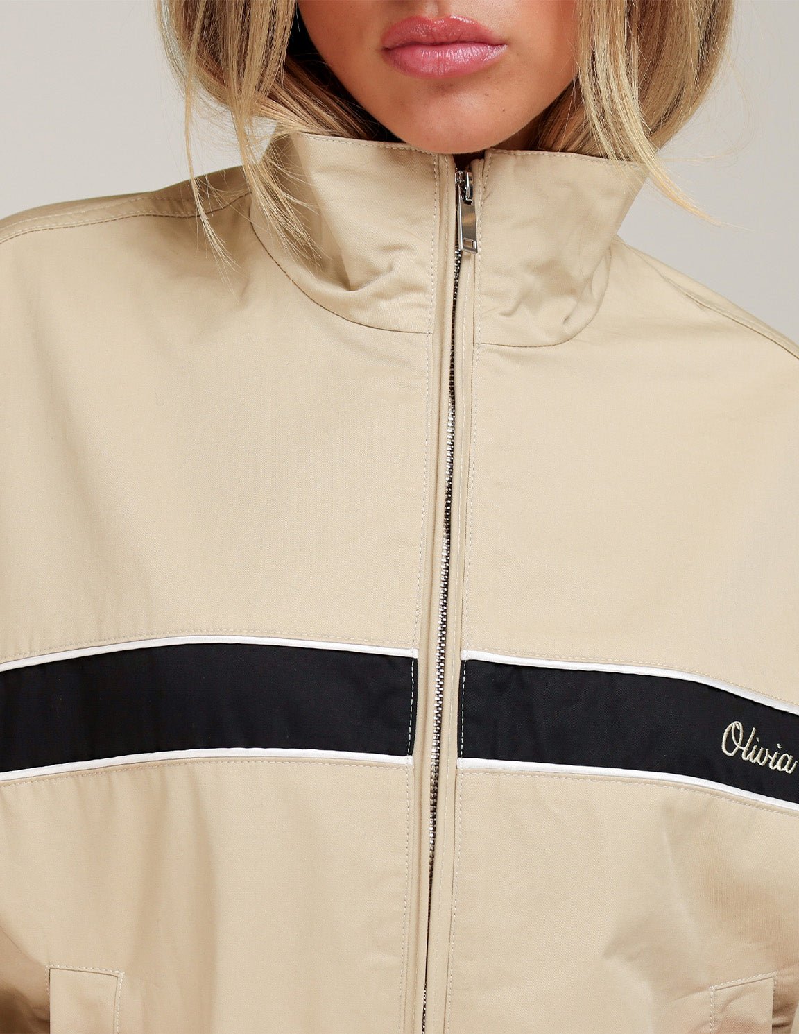 Beige Hoge Kraag Track Detail - Jas - Olivia & Kate