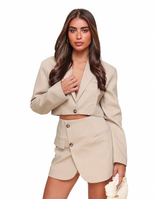 Beige Linnen Cropped LS - Blazer - Olivia & Kate