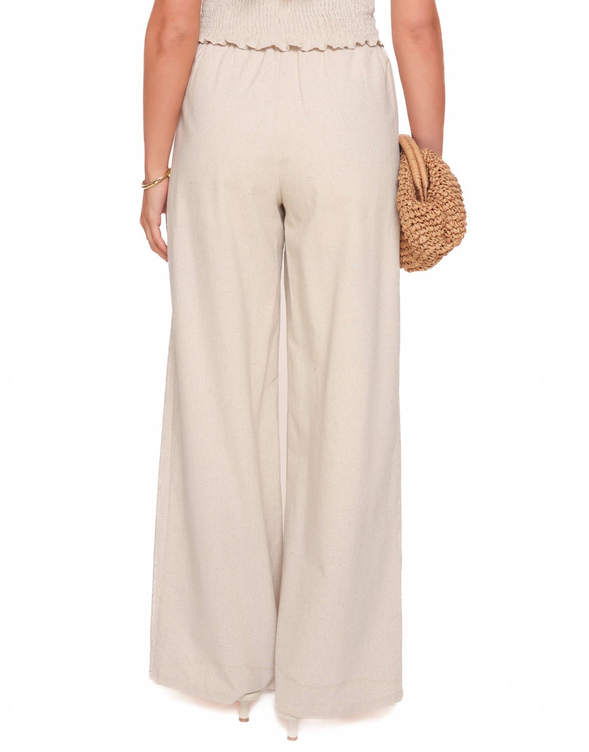 Beige Linnen Elastieke Band - Pantalon - Olivia & Kate