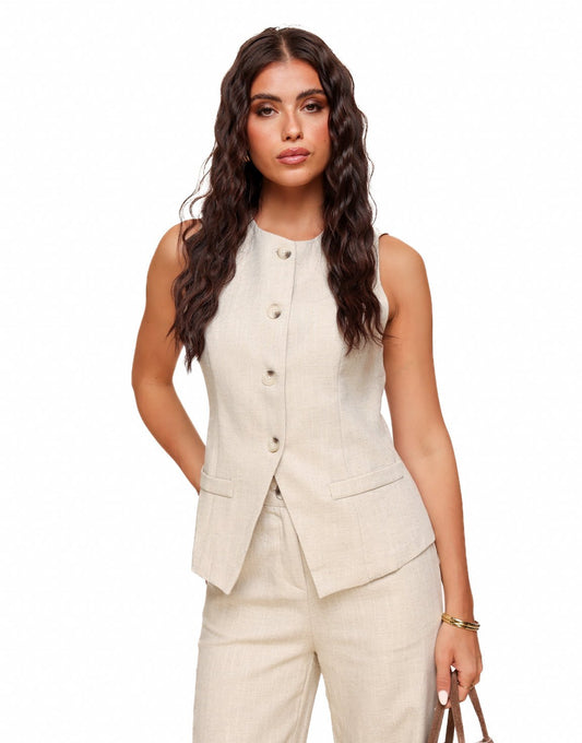 Beige Linnen Hoge Knopen - Gilet - Olivia & Kate