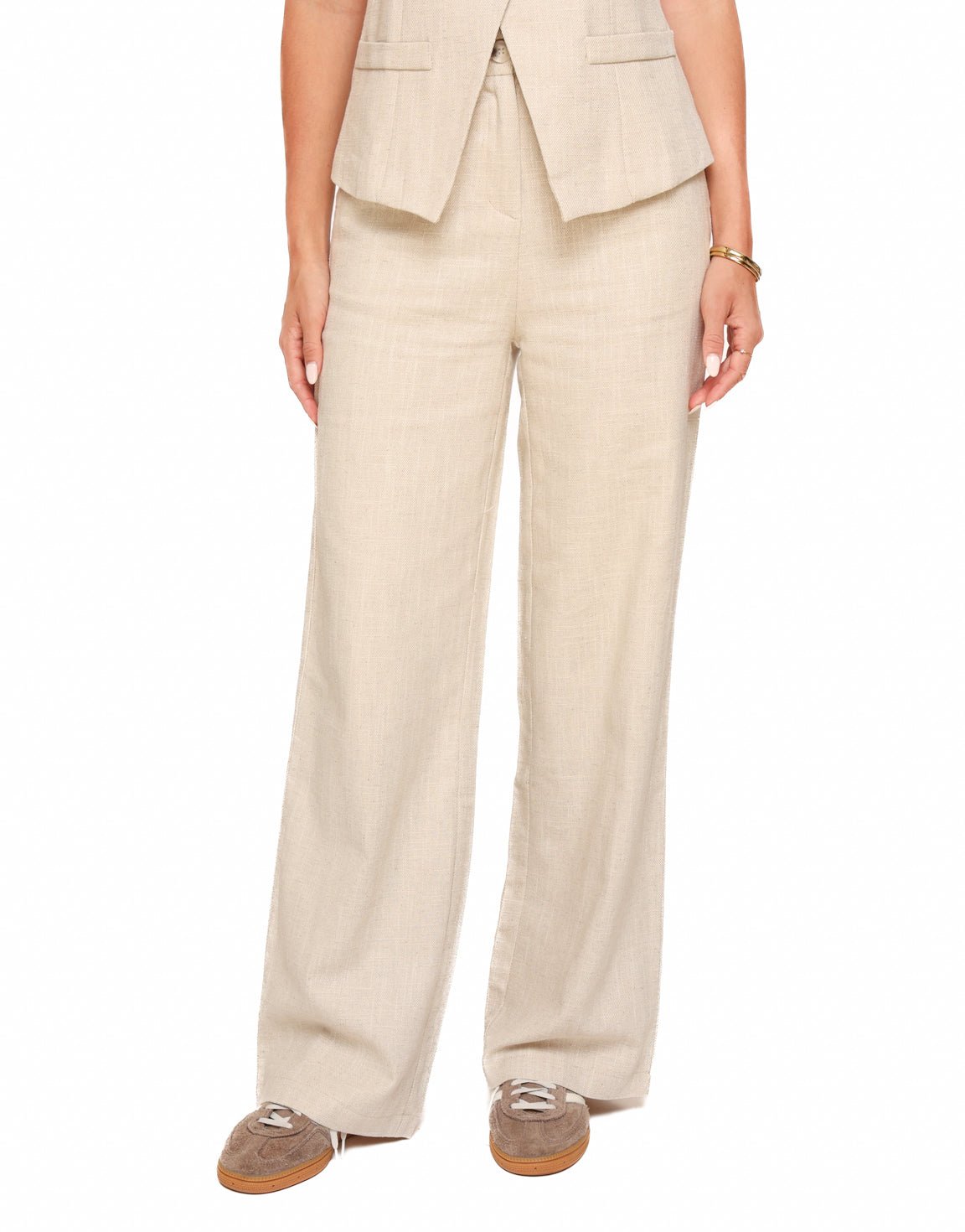 Beige Linnen Hoge Knopen Gilet - Set - Olivia & Kate