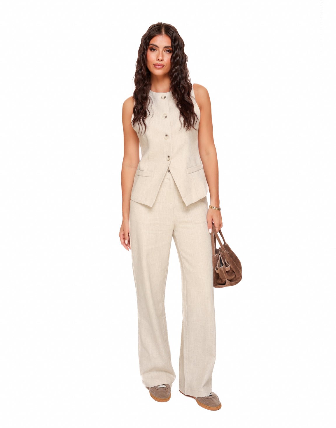 Beige Linnen Hoge Knopen Gilet - Set - Olivia & Kate