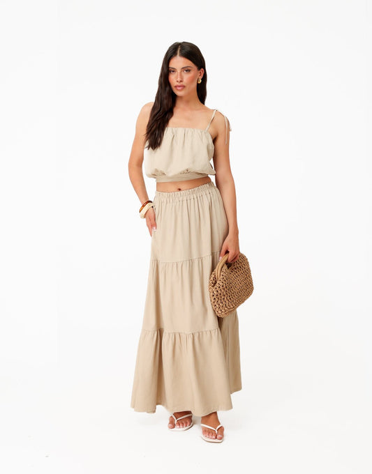Beige Linnen Mouwloze Cropped Wijde Maxi - Set - Olivia & Kate