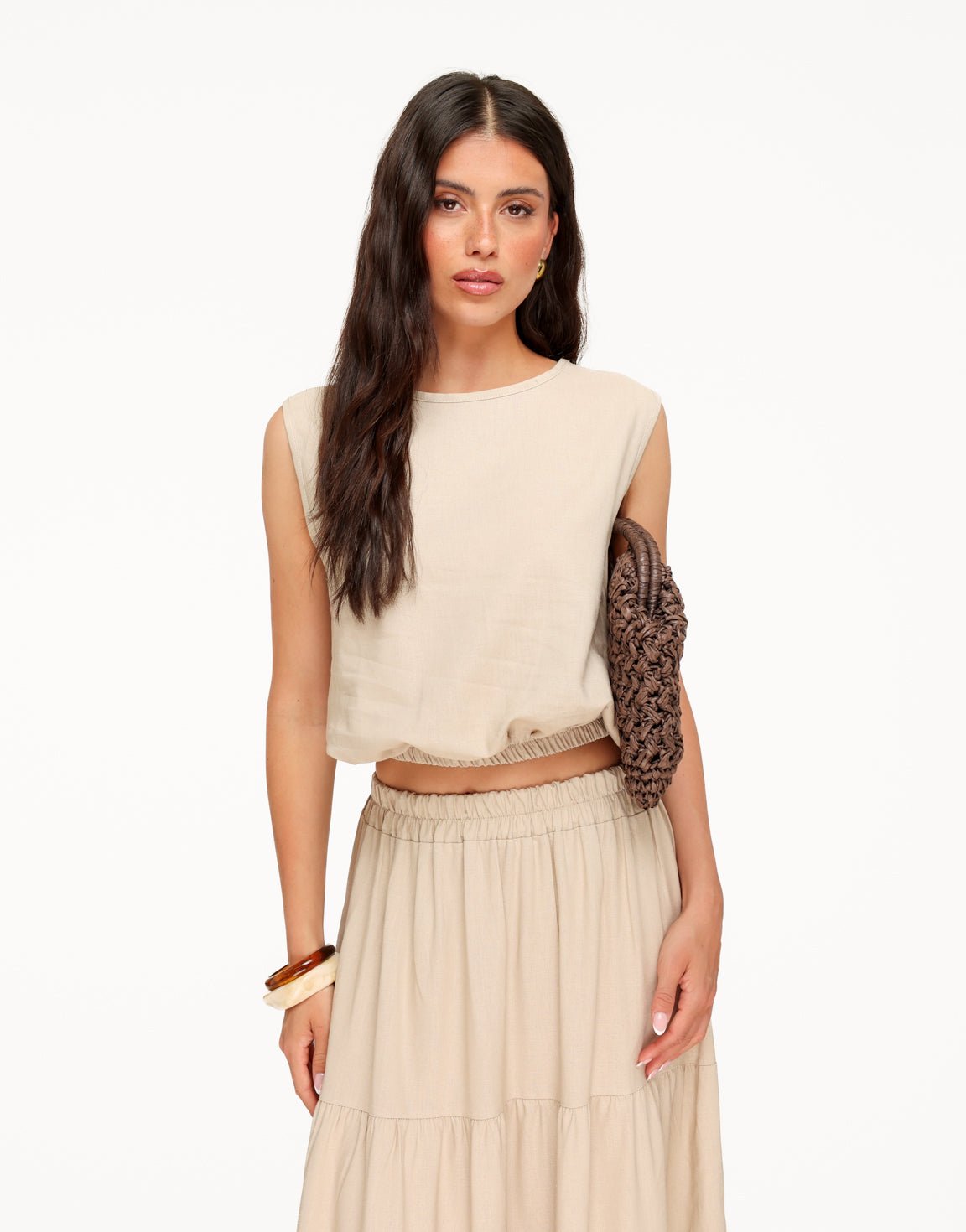 Beige Linnen Mouwloze Wijde Maxi - Set - Olivia & Kate