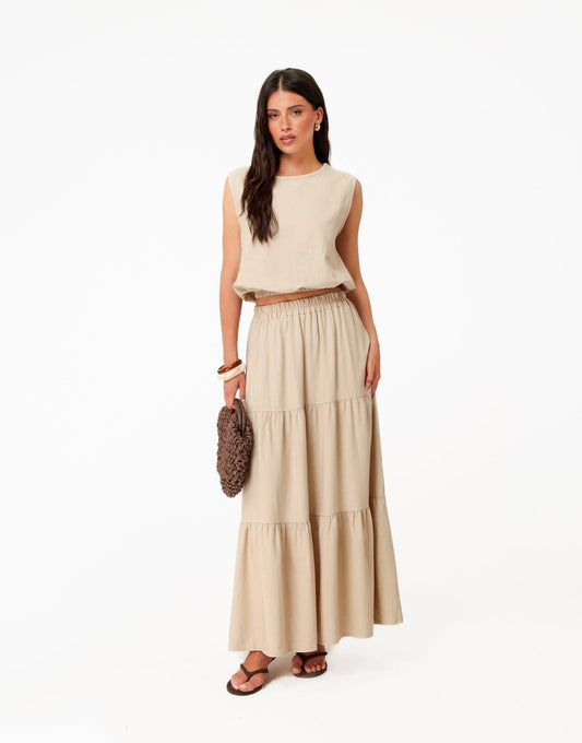 Beige Linnen Mouwloze Wijde Maxi - Set - Olivia & Kate
