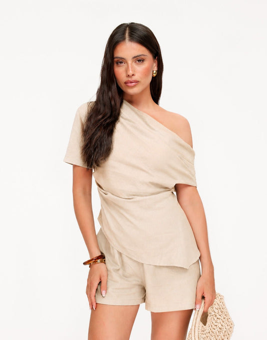 Beige Linnen Off Shoulder SS - Top - Olivia & Kate