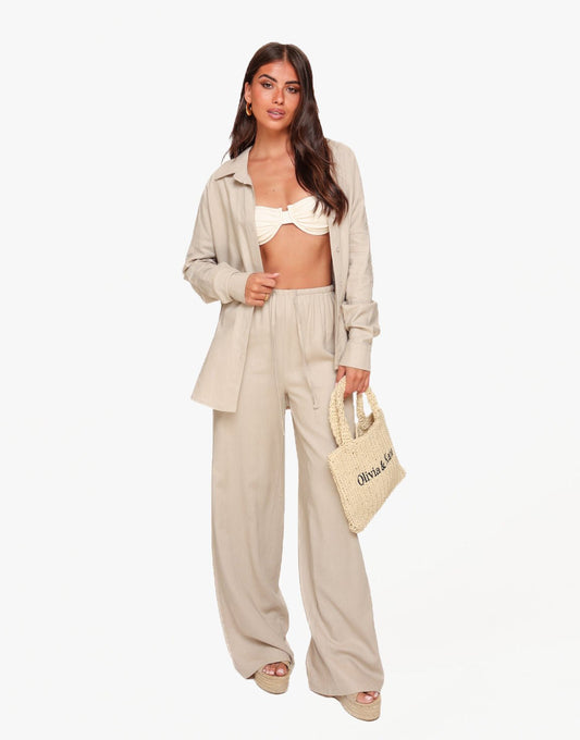 Beige Linnen Oversized - Blouse - Olivia & Kate
