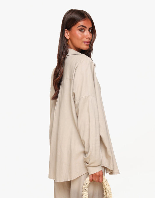 Beige Linnen Oversized - Blouse - Olivia & Kate