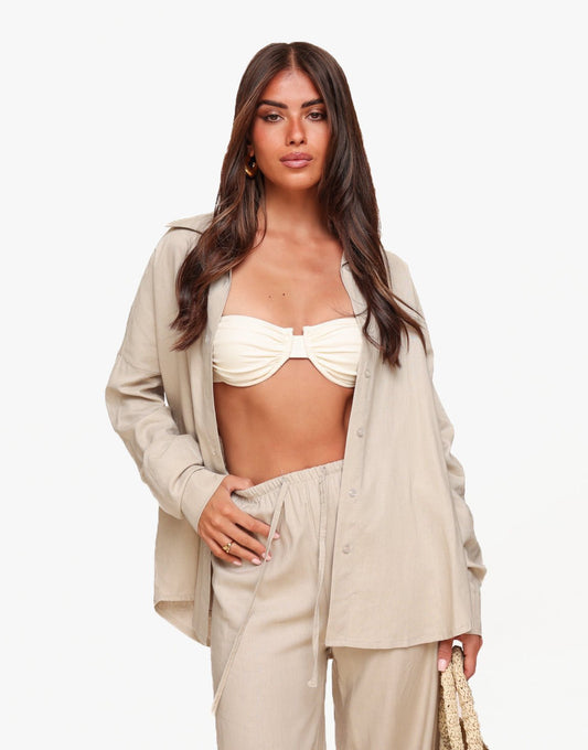 Beige Linnen Oversized - Blouse - Olivia & Kate