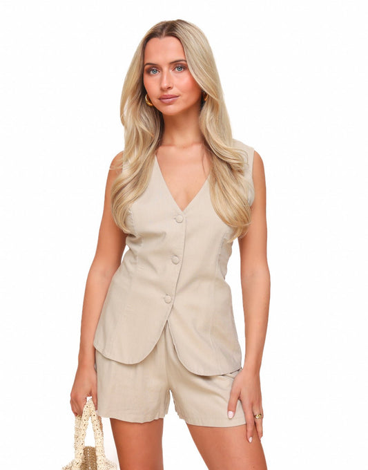 Beige Linnen Strik - Gilet - Olivia & Kate
